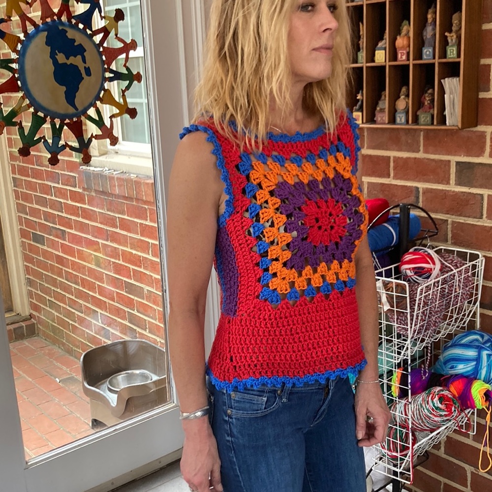Red Purple Orange and Blue Sleeveless Crocheted Top